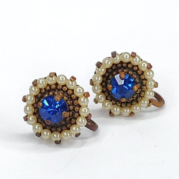 Vintage Blue Rhinestone Faux Pearl Earrings Screwback 5/8" - Picture 1 of 4